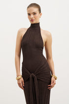 Fine Knit Gathered Halter Neck Maxi Dress - Carob Shimmer