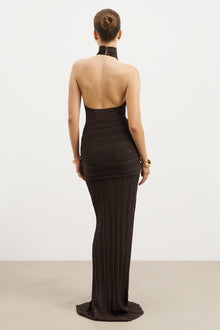 Fine Knit Gathered Halter Neck Maxi Dress - Carob Shimmer
