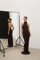 Fine Knit Gathered Halter Neck Maxi Dress - Carob Shimmer