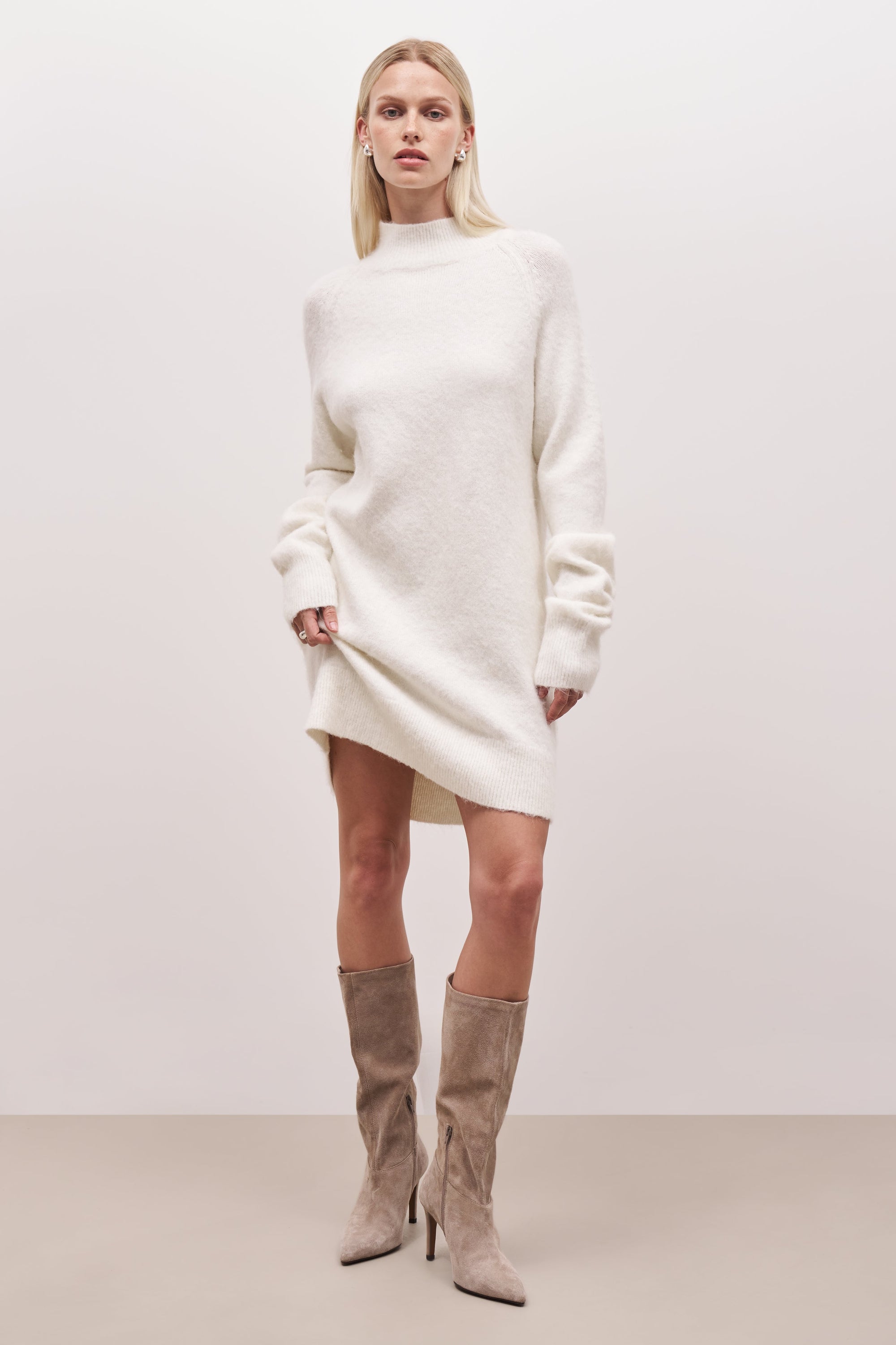 Soft Brushed High Neck Jumper Dress - Cream