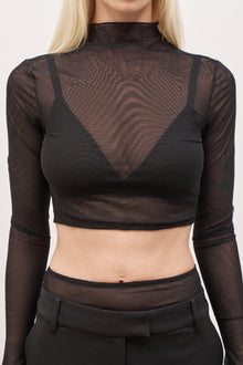 Mesh Long Sleeve Cropped Top - Black