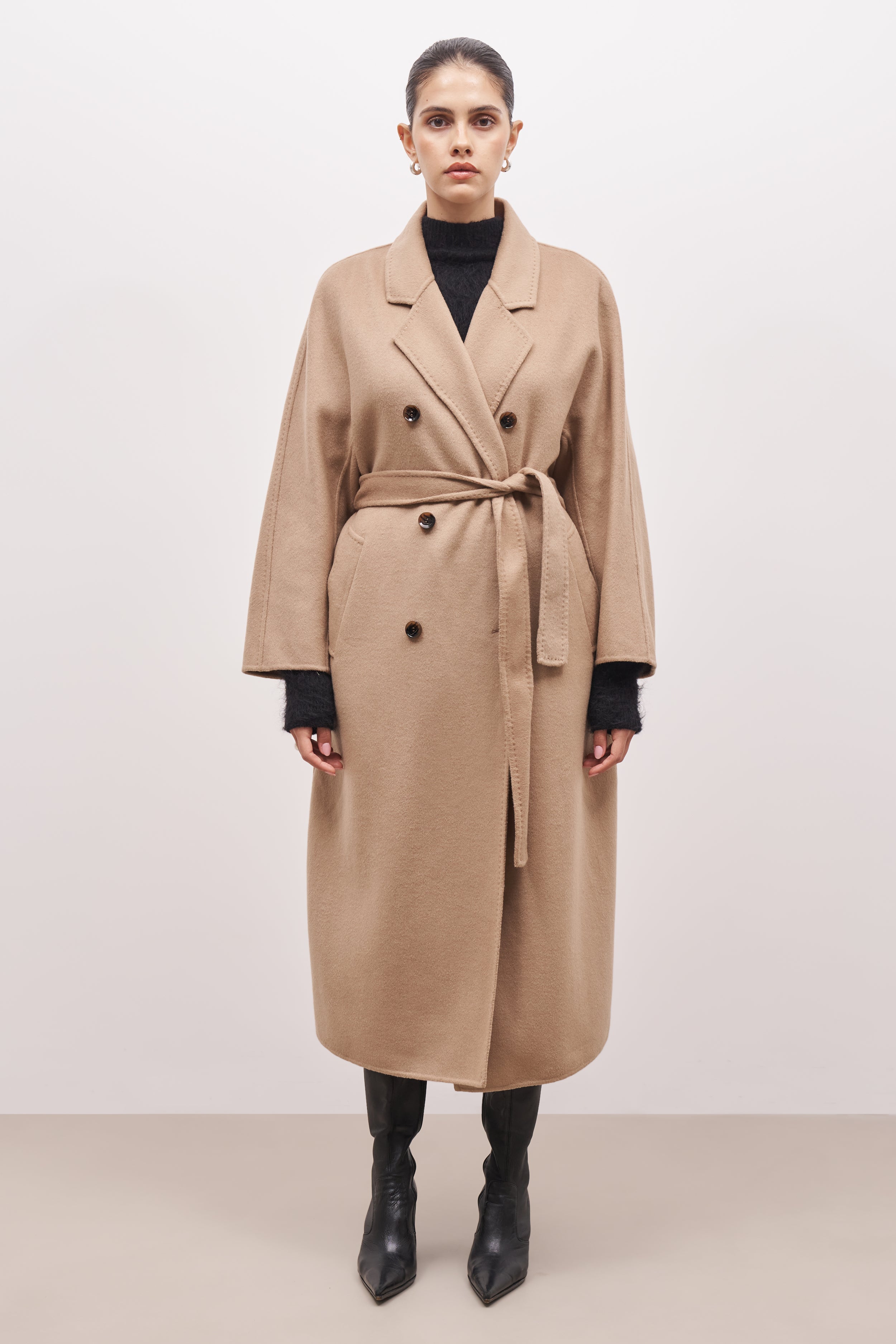 Double Faced Wool Coat With Belt - Camel