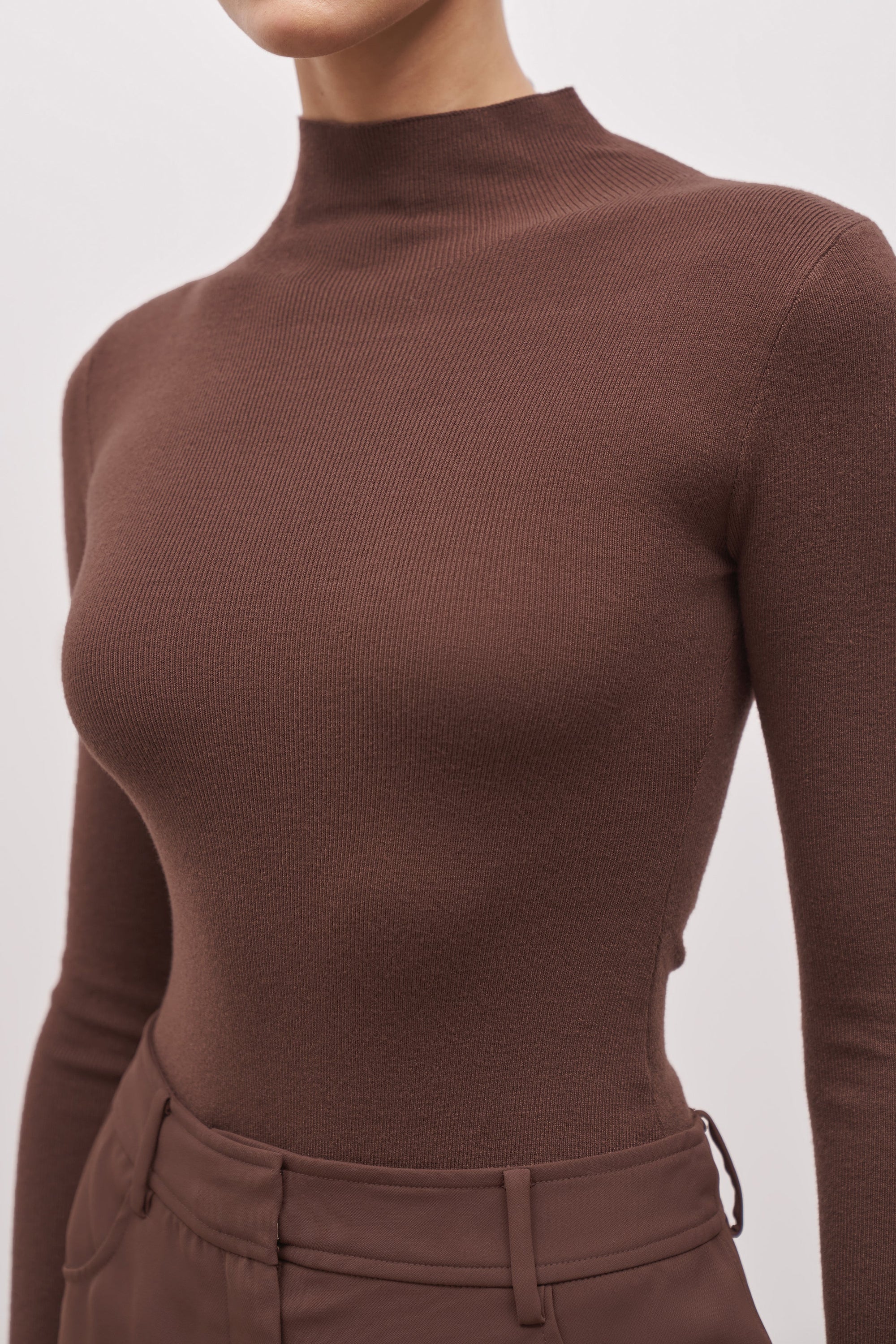 Fine Knit High Neck Bodysuit - Truffle