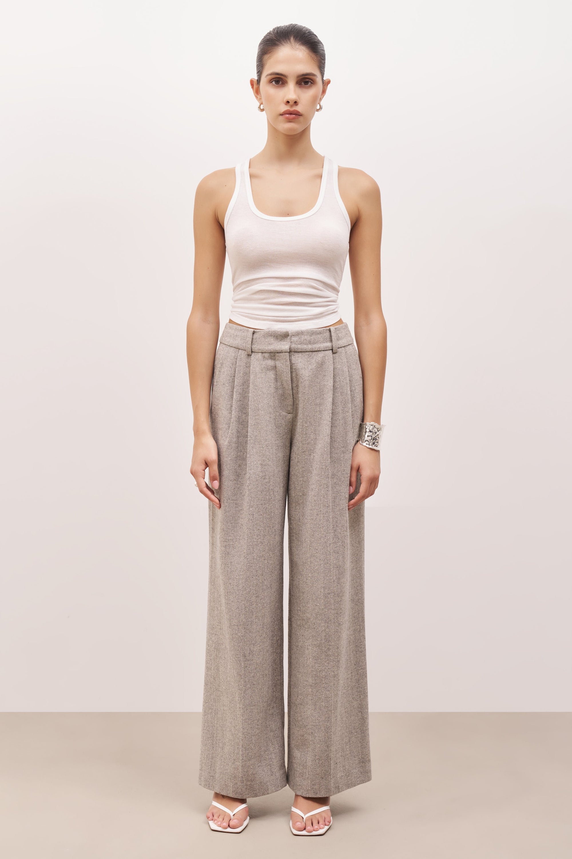 Herringbone Wide Leg Trousers - Herringbone