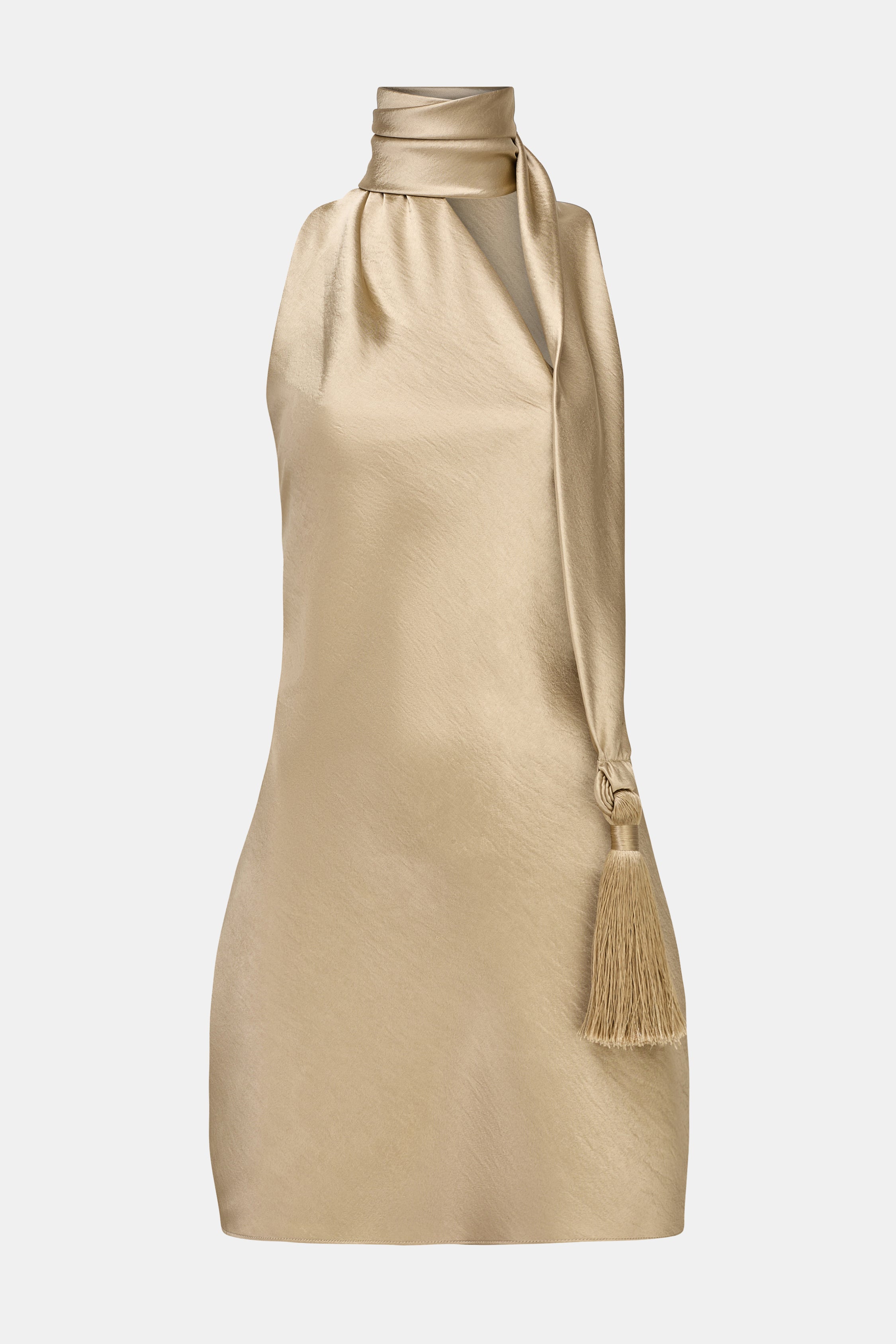 Satin Halterneck Scarf Mini Dress with Tassel - Bronze