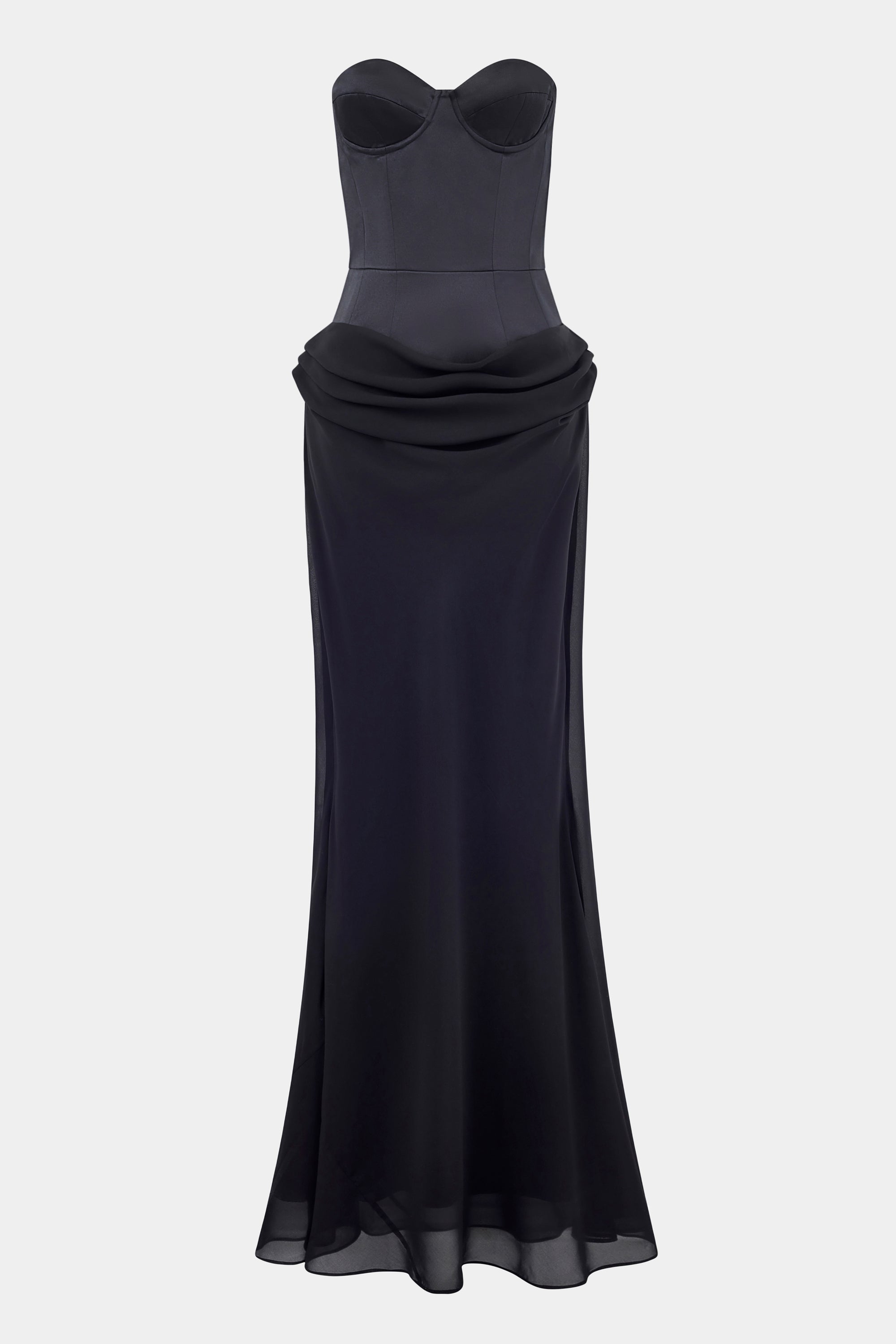 Satin Corset Gown with Draped Hip - Black