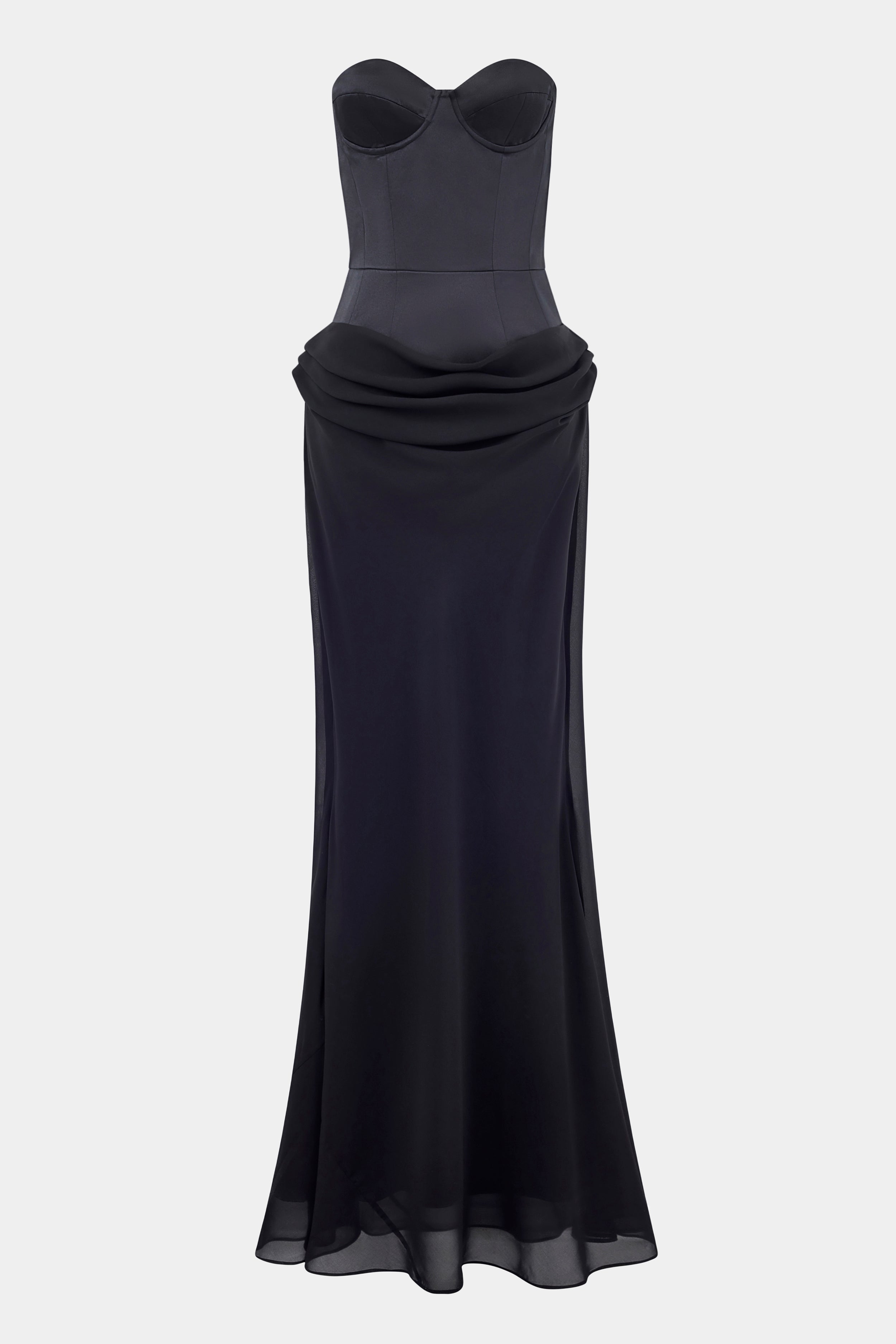 Satin Corset Gown with Draped Hip - Black