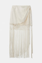Satin Jacquard Sarong Midi Skirt with Fringing - Cream