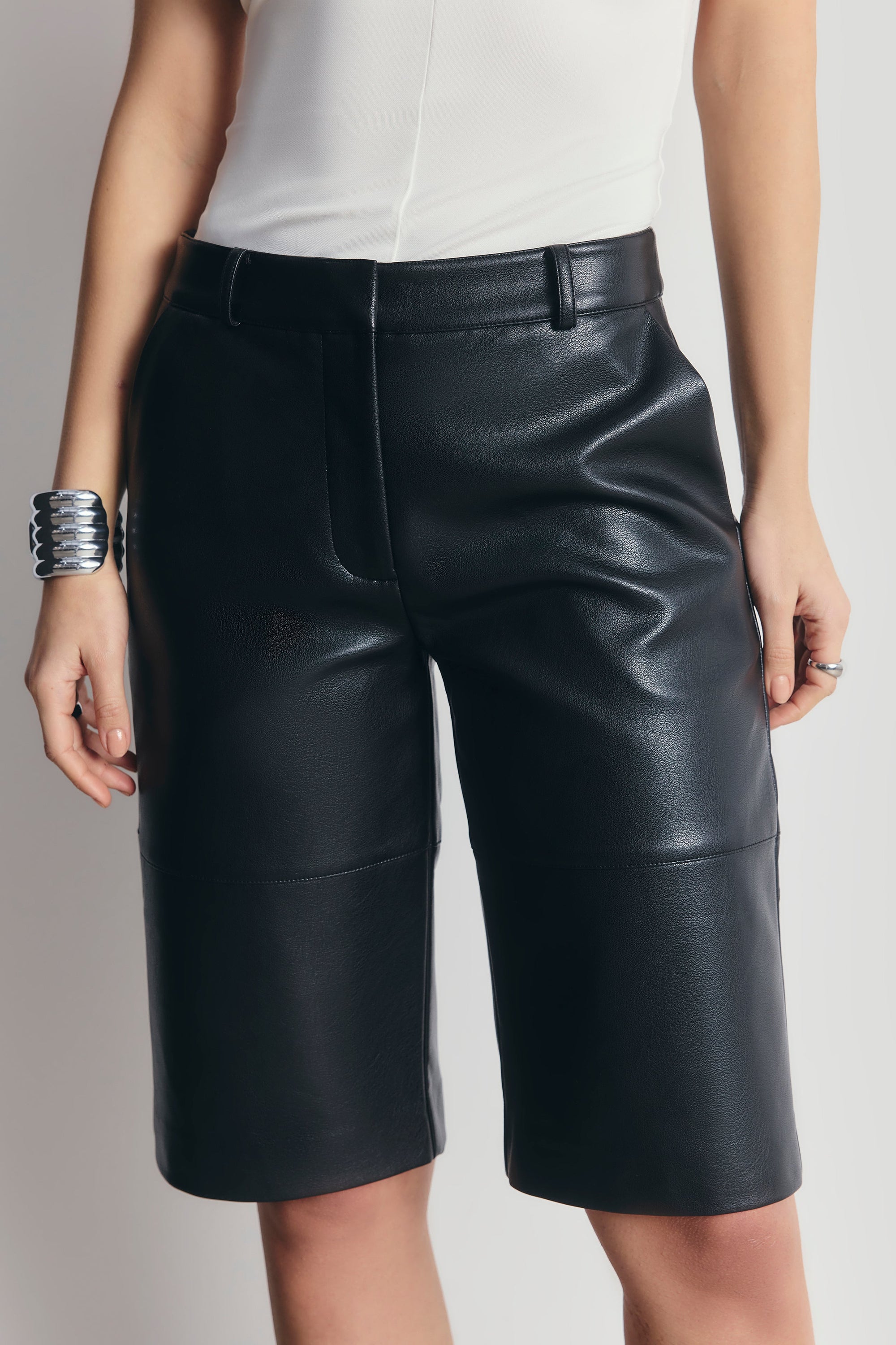 Tailored Leather Longline Shorts - Black