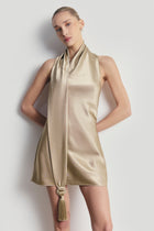 Satin Halterneck Scarf Mini Dress with Tassel - Bronze