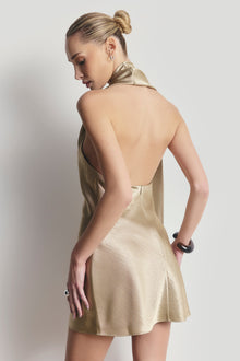 Satin Halterneck Scarf Mini Dress with Tassel - Bronze