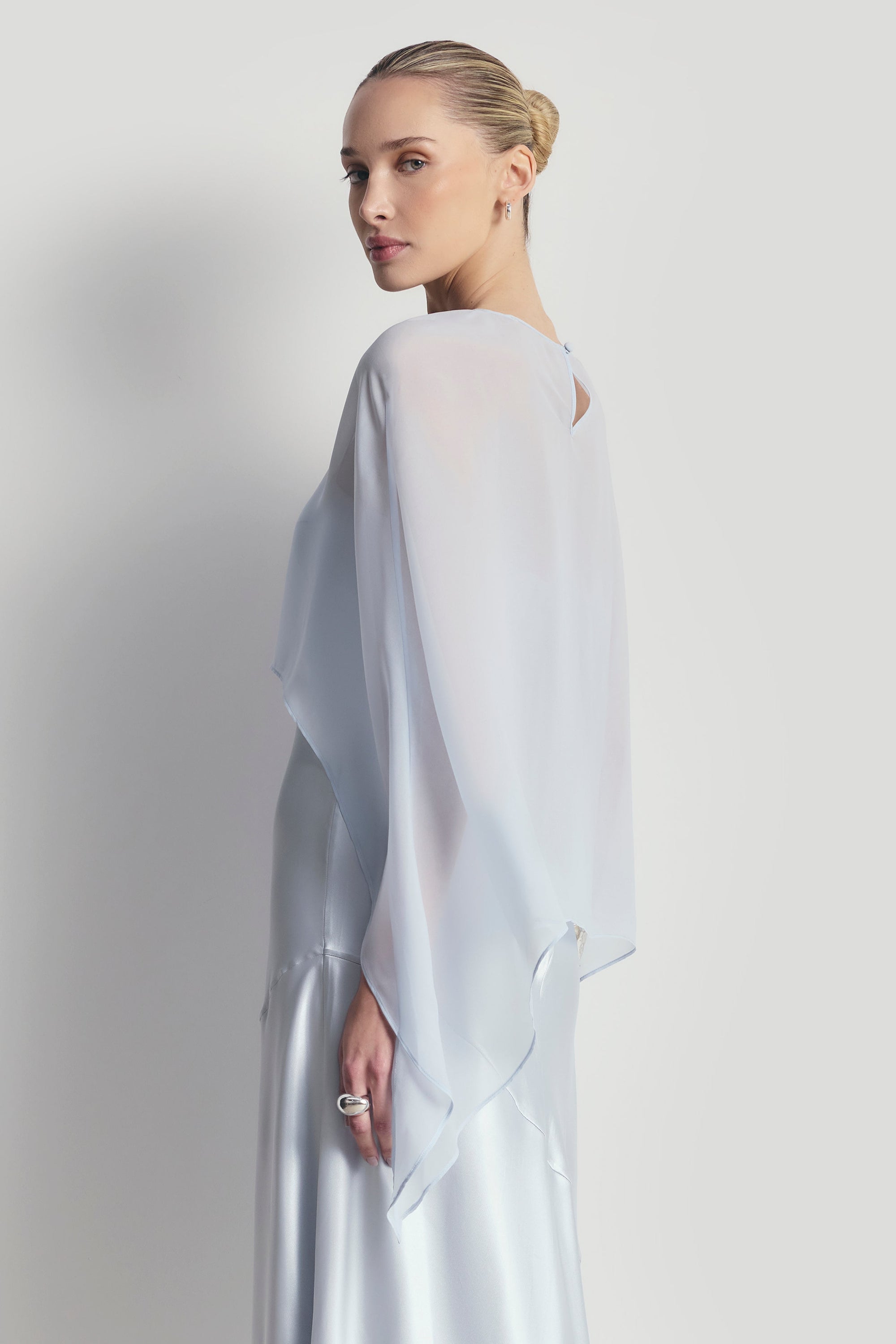 Sheer Chiffon Curved Hem Cape - Powder Blue