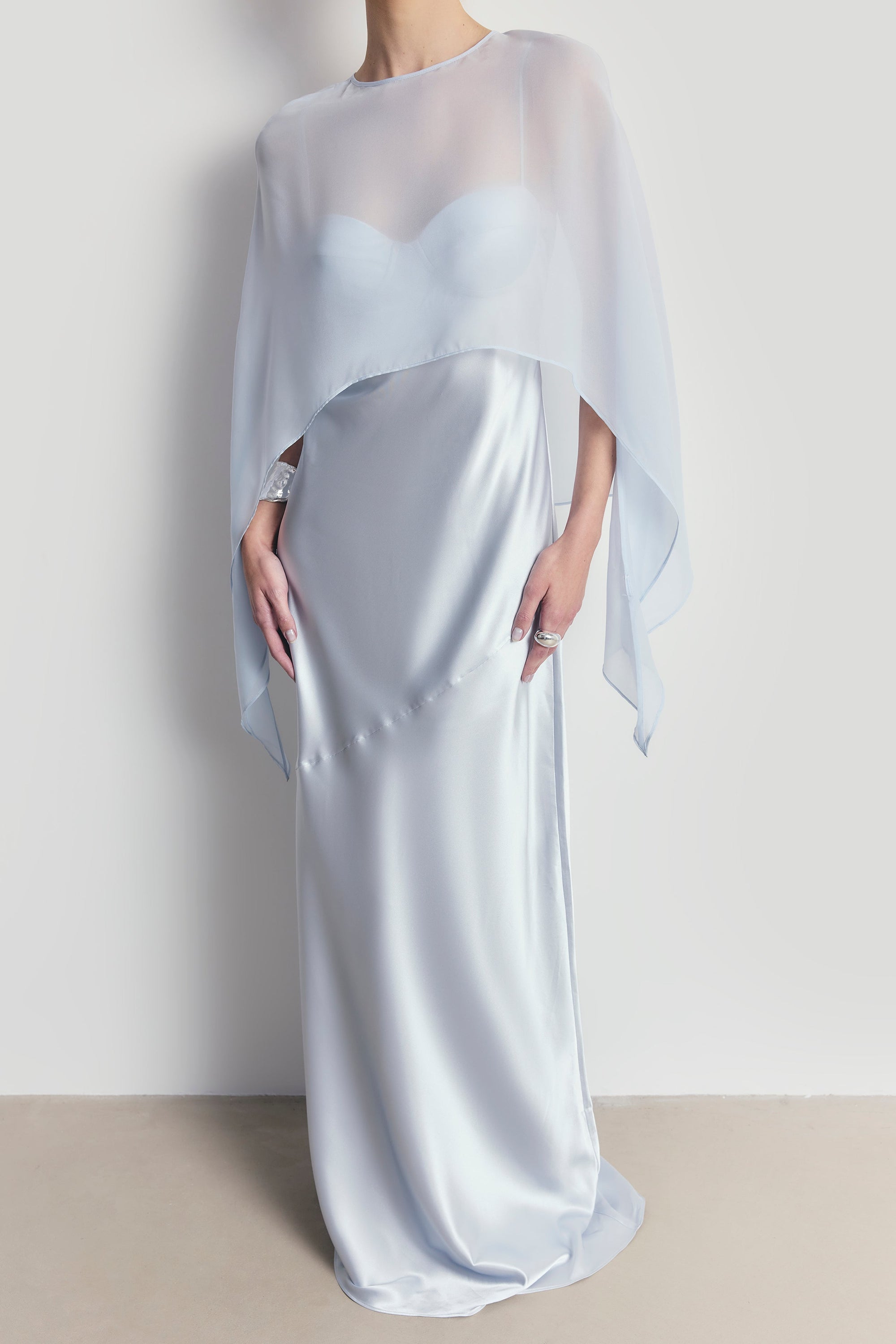 Sheer Chiffon Curved Hem Cape - Powder Blue