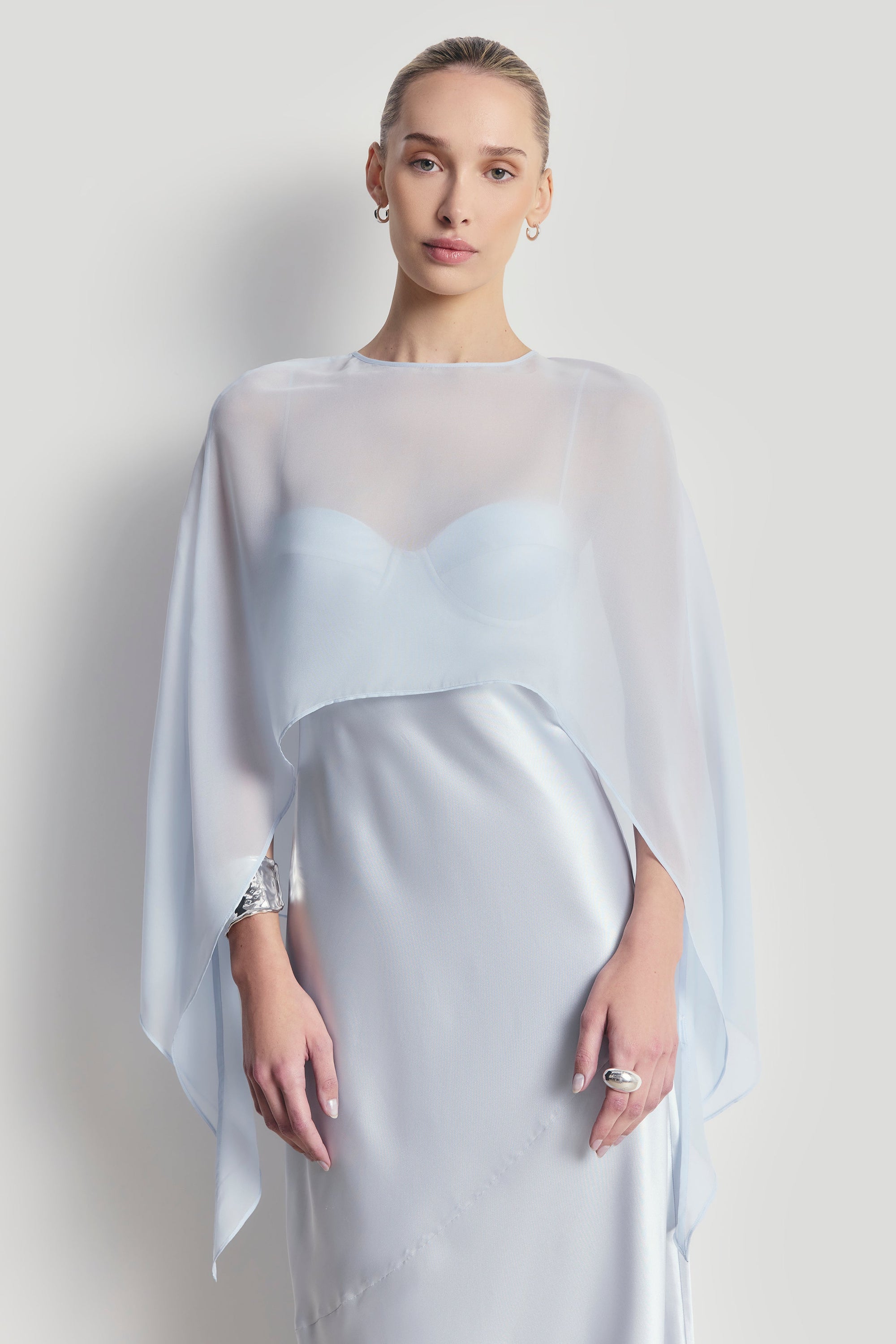 Sheer Chiffon Curved Hem Cape - Powder Blue