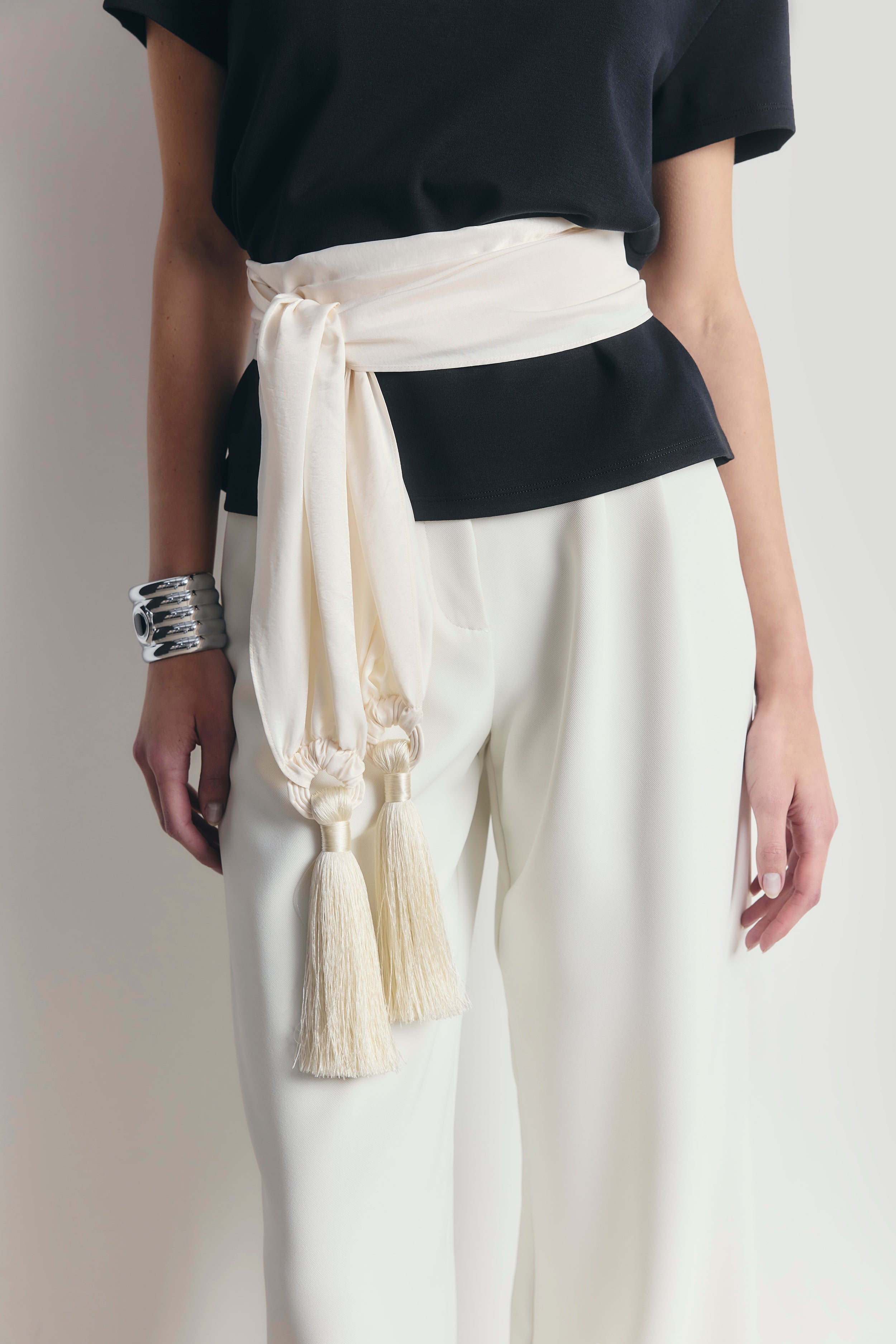 High Gloss Satin Tassel Shawl - Cream