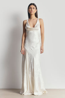 Satin Jacquard Asymmetric Panel Gown - Cream