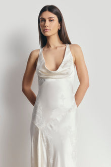 Satin Jacquard Asymmetric Panel Gown - Cream
