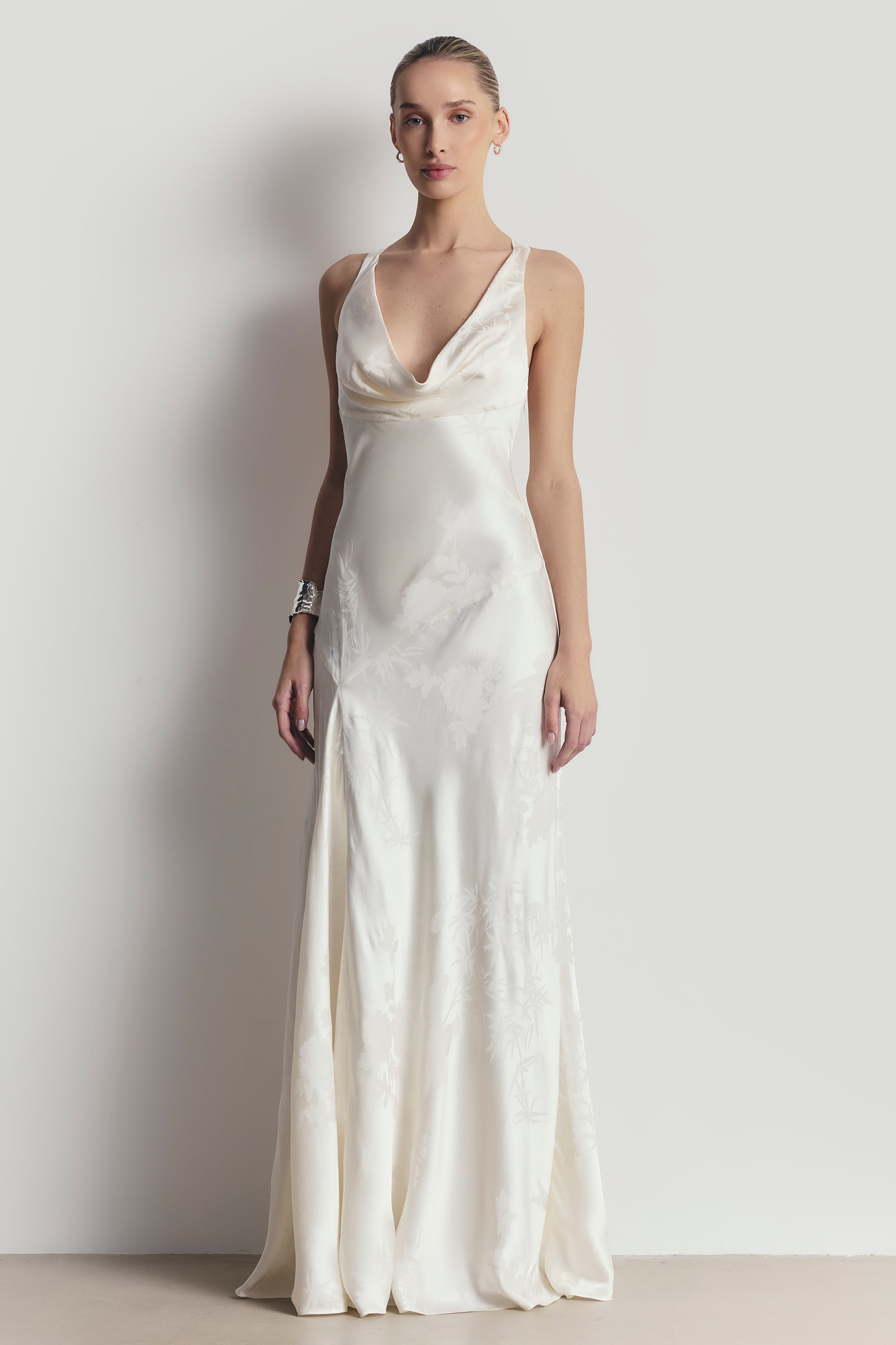 Satin Jacquard Asymmetric Panel Gown - Cream
