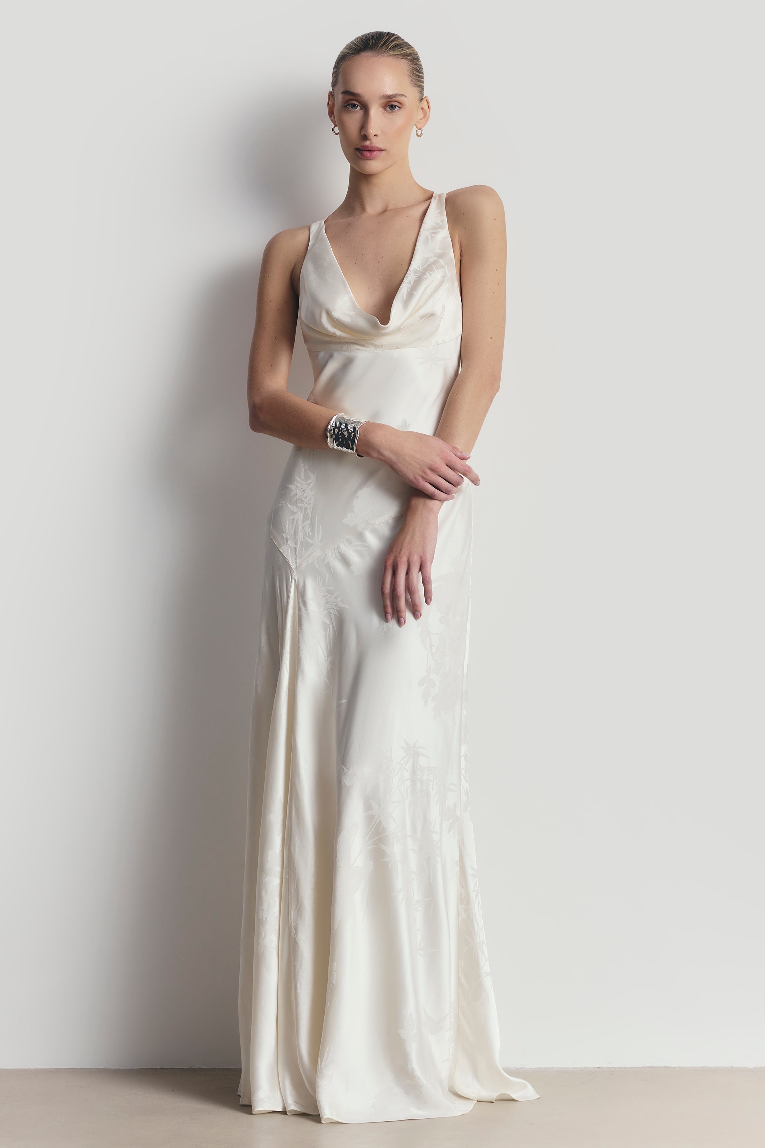 Satin Jacquard Asymmetric Panel Gown - Cream