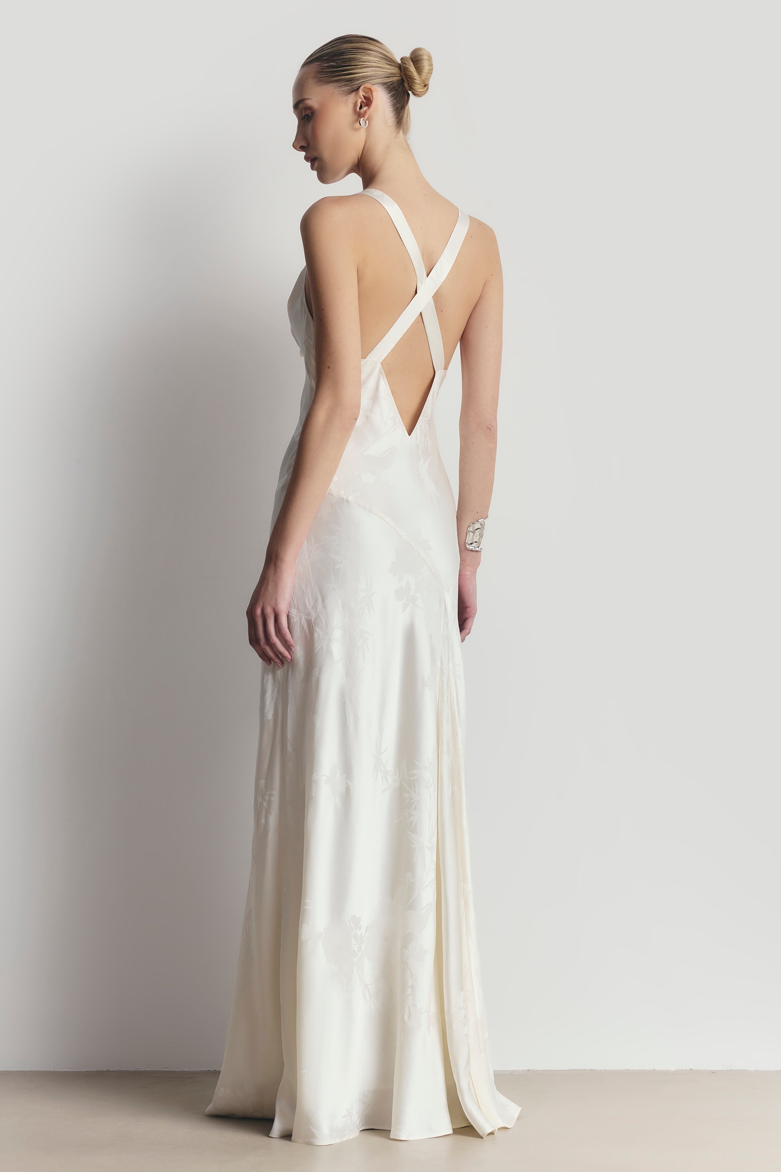 Satin Jacquard Asymmetric Panel Gown - Cream