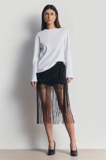 Satin Jacquard Sarong Midi Skirt with Fringing - Black