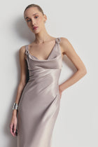 High Gloss Satin Cowl Neck Gown - Pebble