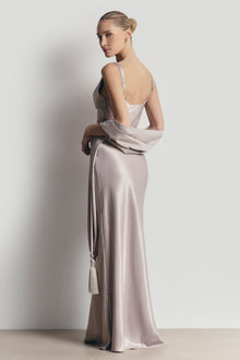 High Gloss Satin Cowl Neck Gown - Pebble