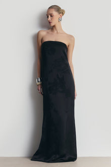 Satin Jacquard Strapless Maxi Dress - Black