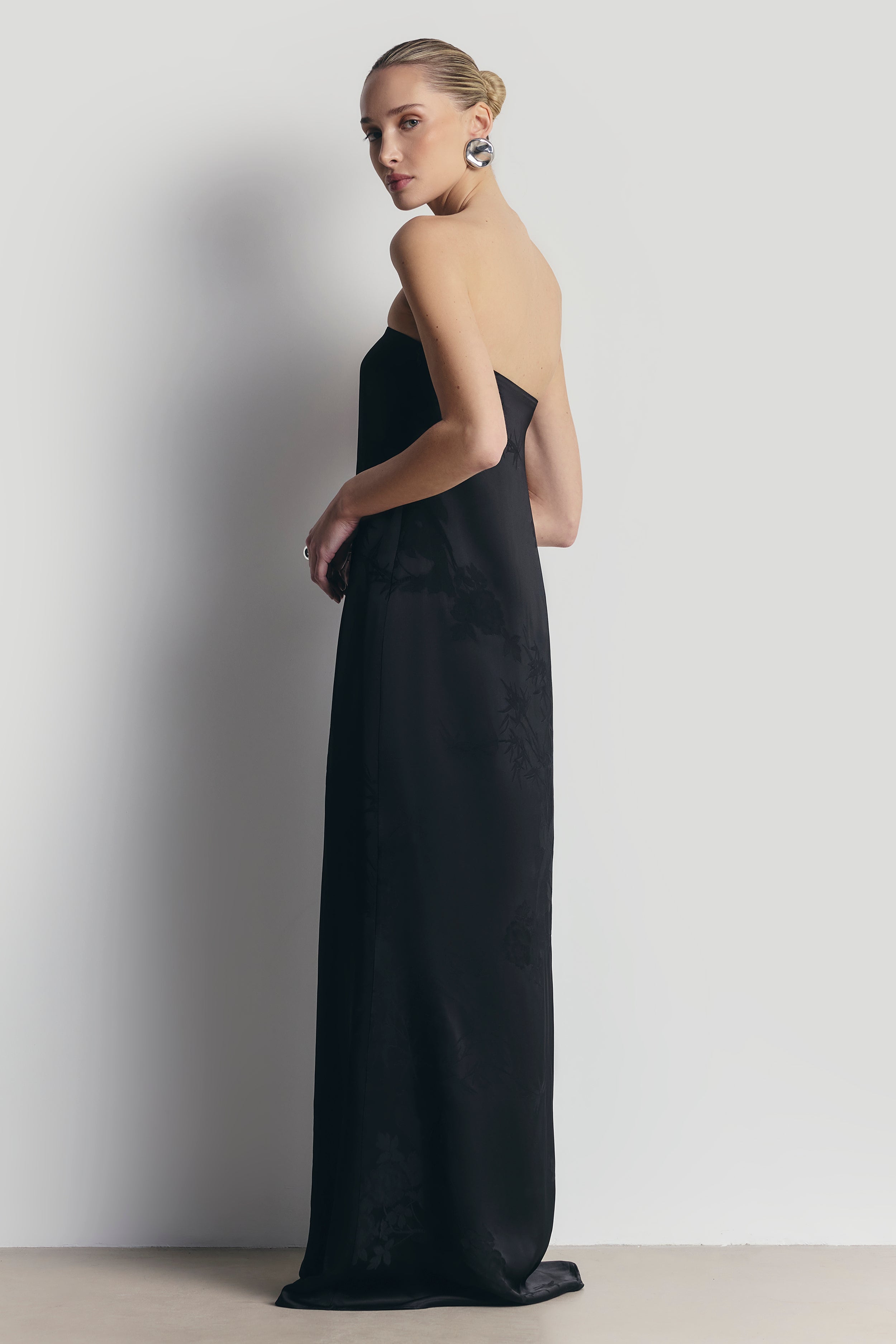 Satin Jacquard Strapless Maxi Dress - Black