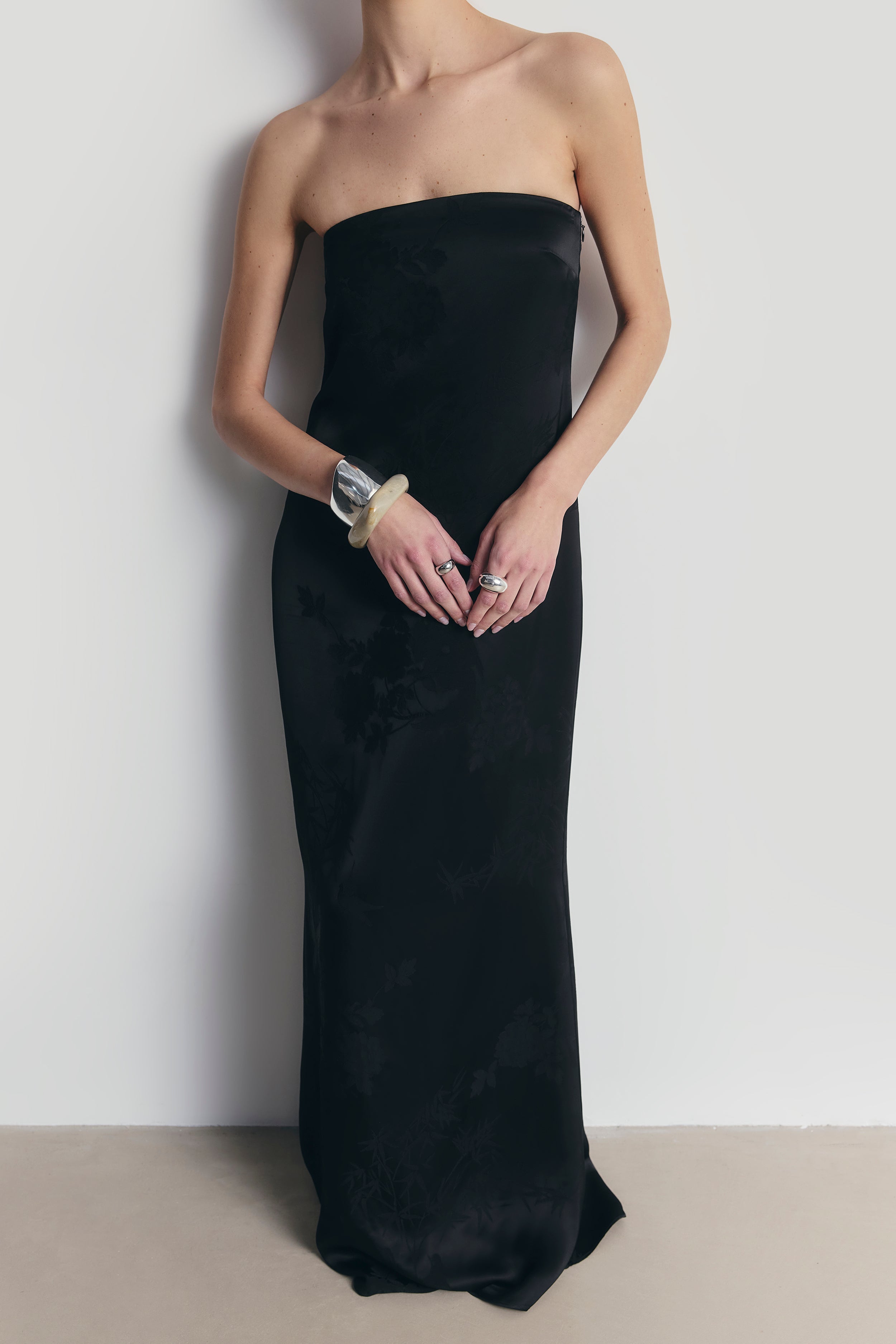 Satin Jacquard Strapless Maxi Dress - Black