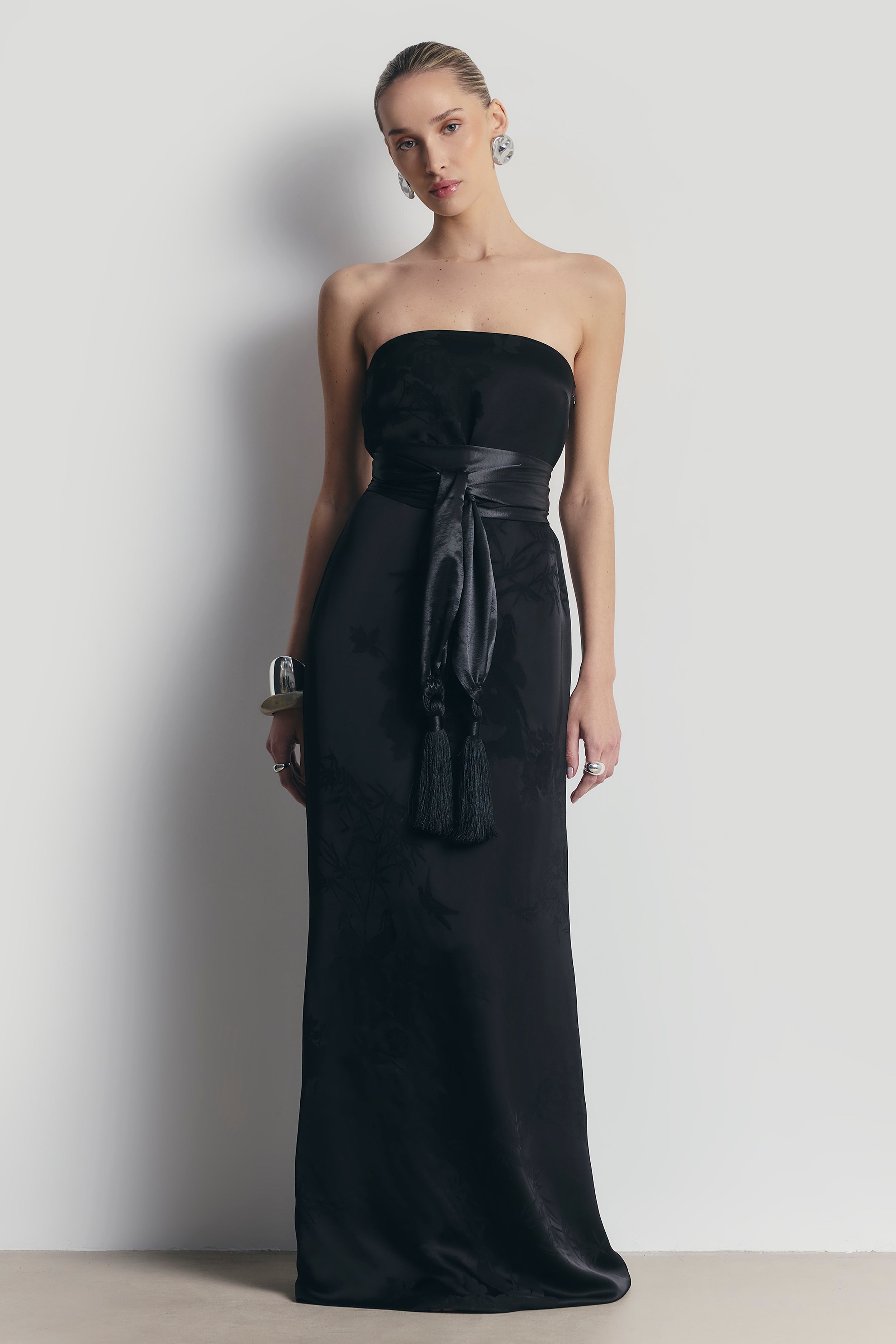 High Gloss Satin Tassel Shawl - Black