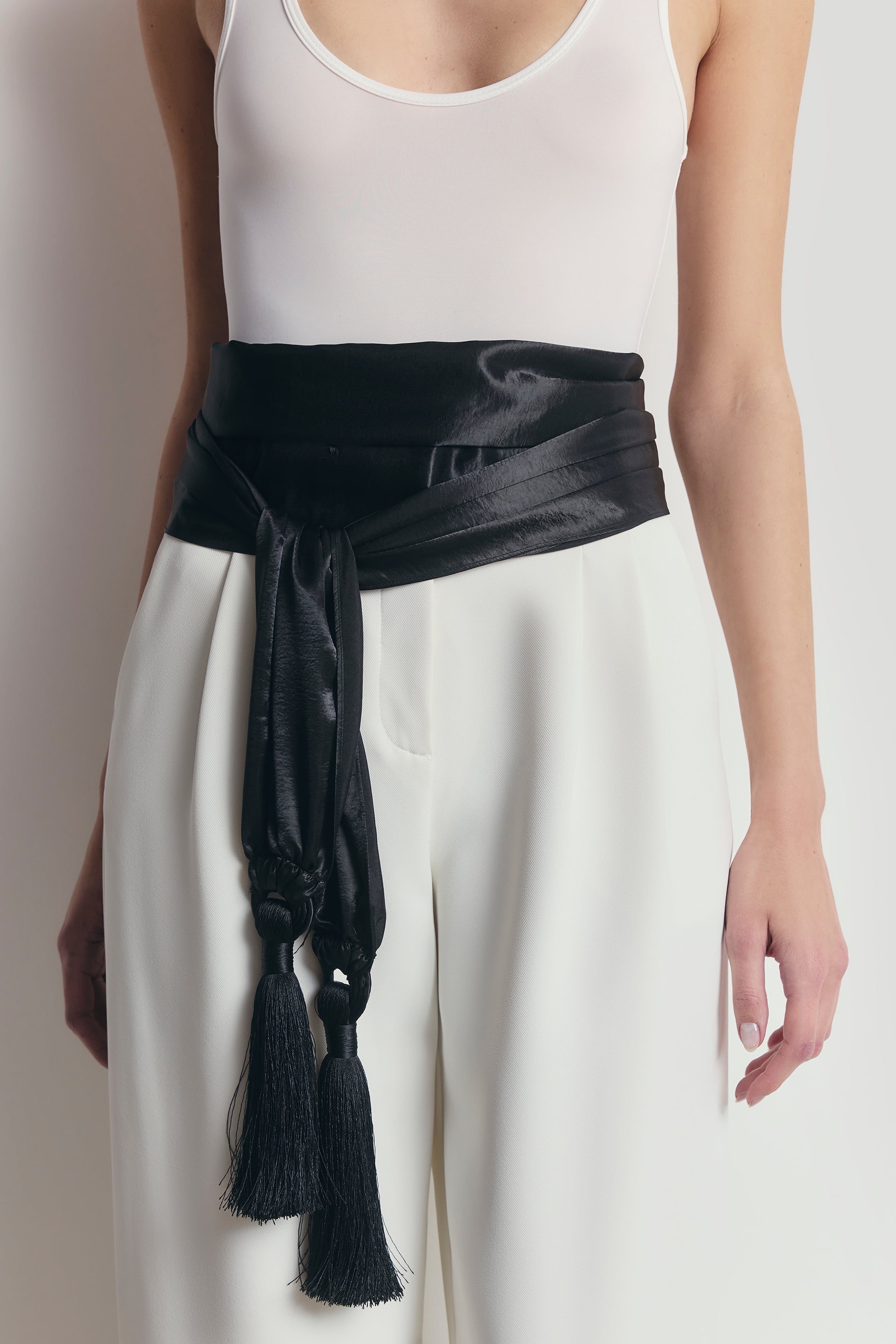 High Gloss Satin Tassel Shawl - Black