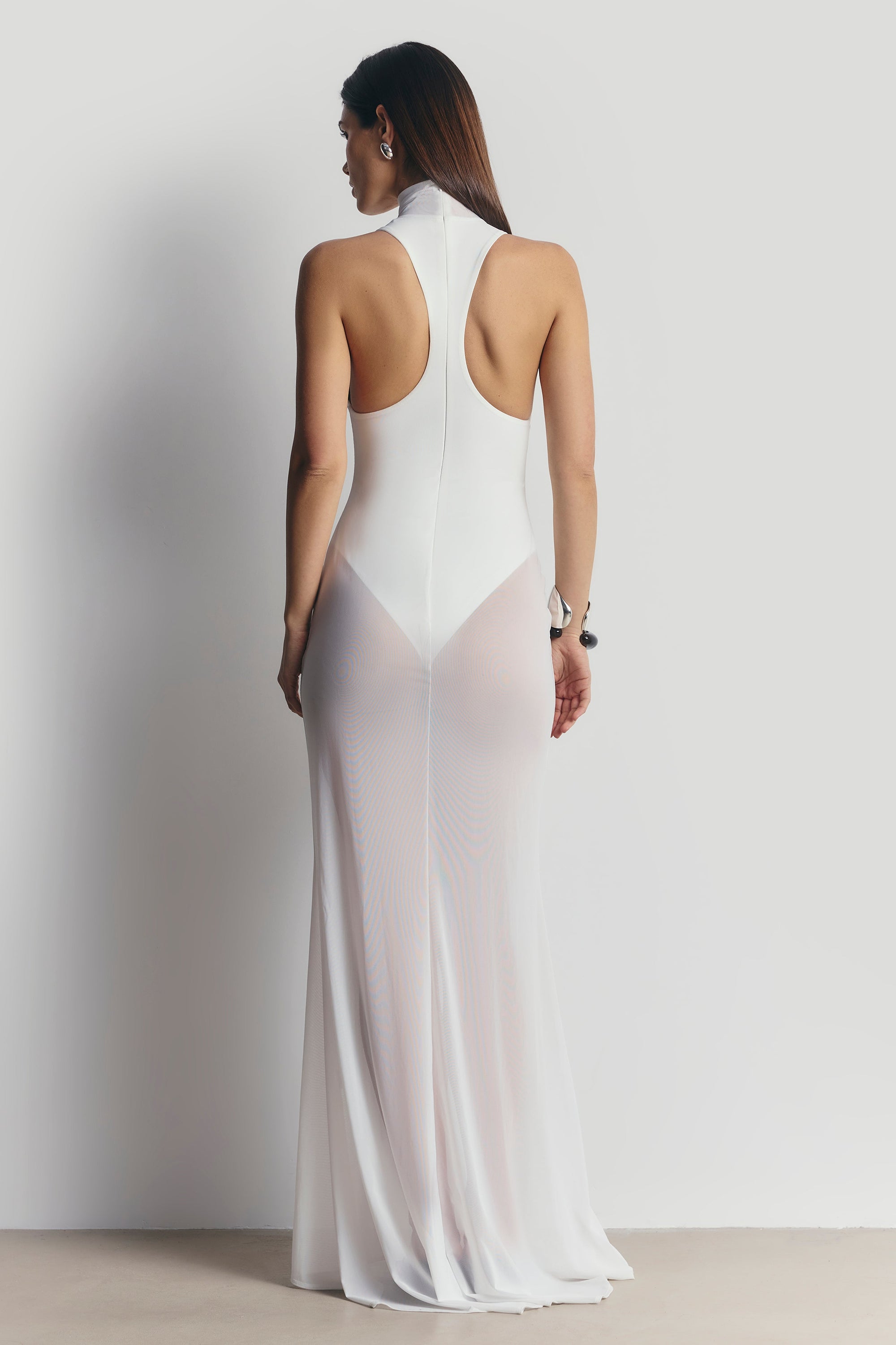 Sheer High Neck Racerback Gown - White