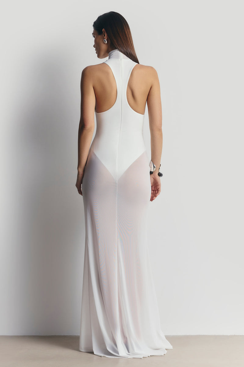 Sheer High Neck Racerback Gown - White