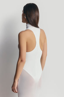 Sheer High Neck Racerback Gown - White