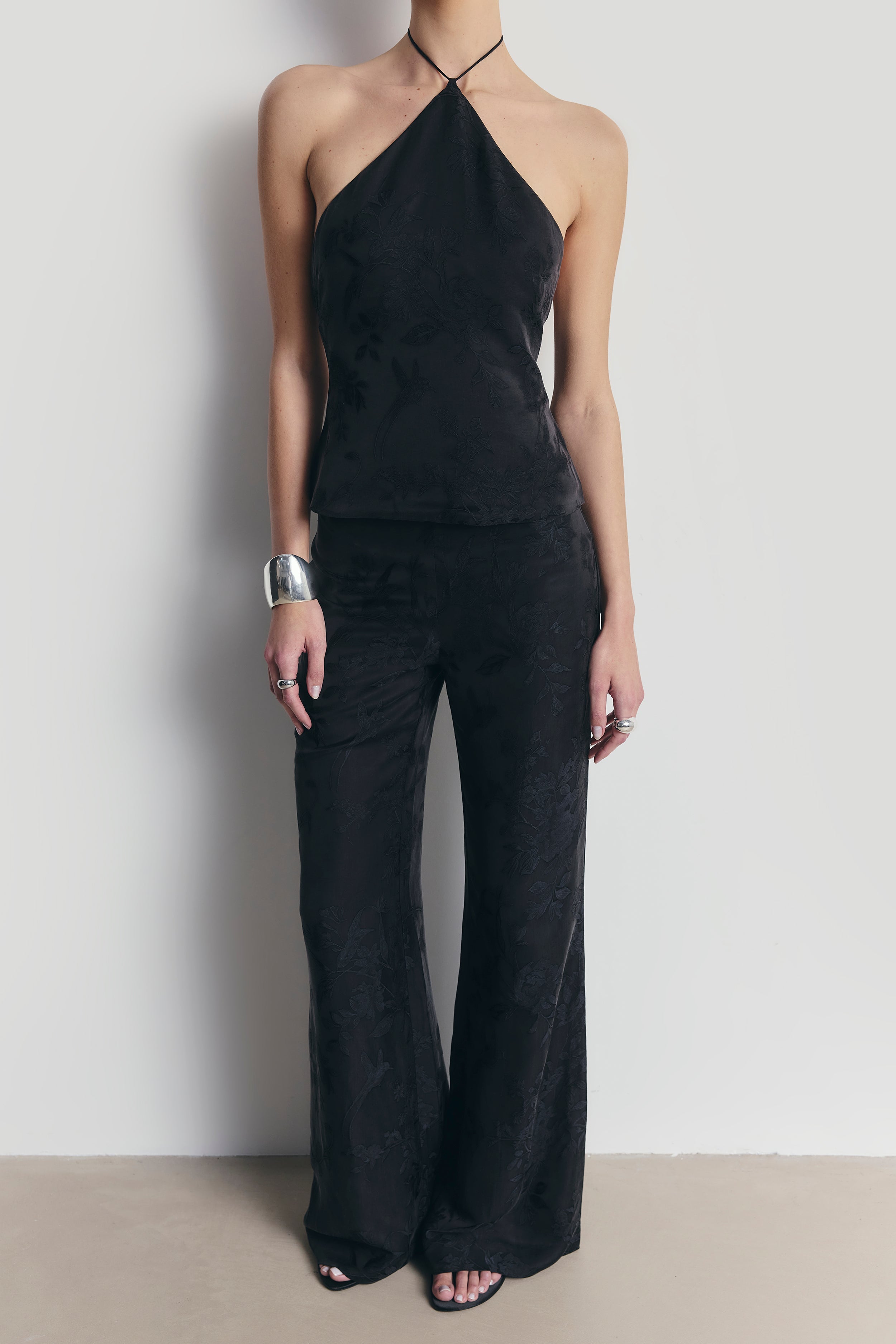 Cupro Jacquard Tailored Halterneck Top - Charcoal