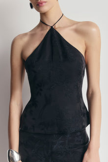 Cupro Jacquard Tailored Halterneck Top - Charcoal