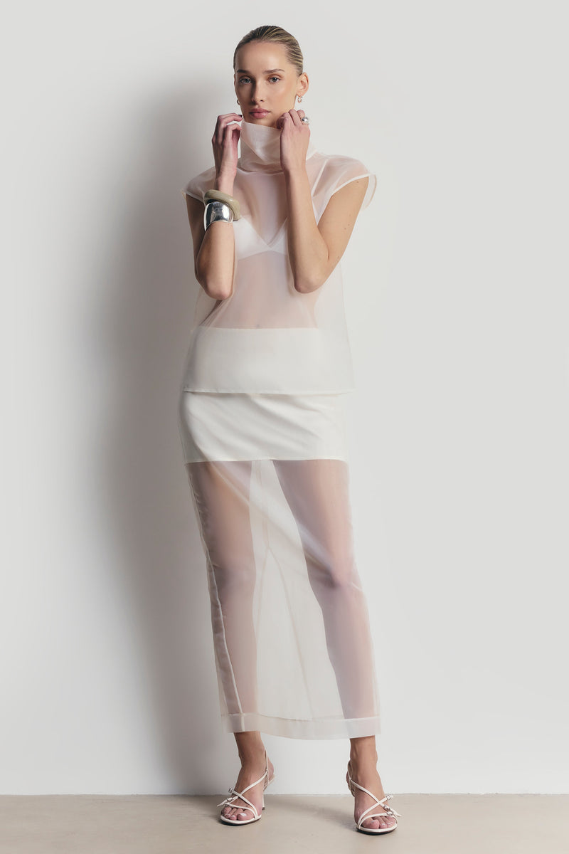 Sheer Organza Column Midi Skirt - Cream