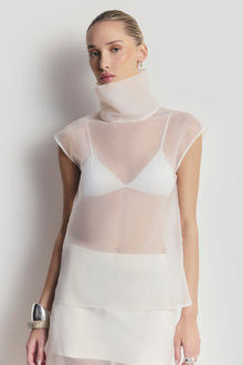 Sheer Organza Funnel Neck Blouse - Cream