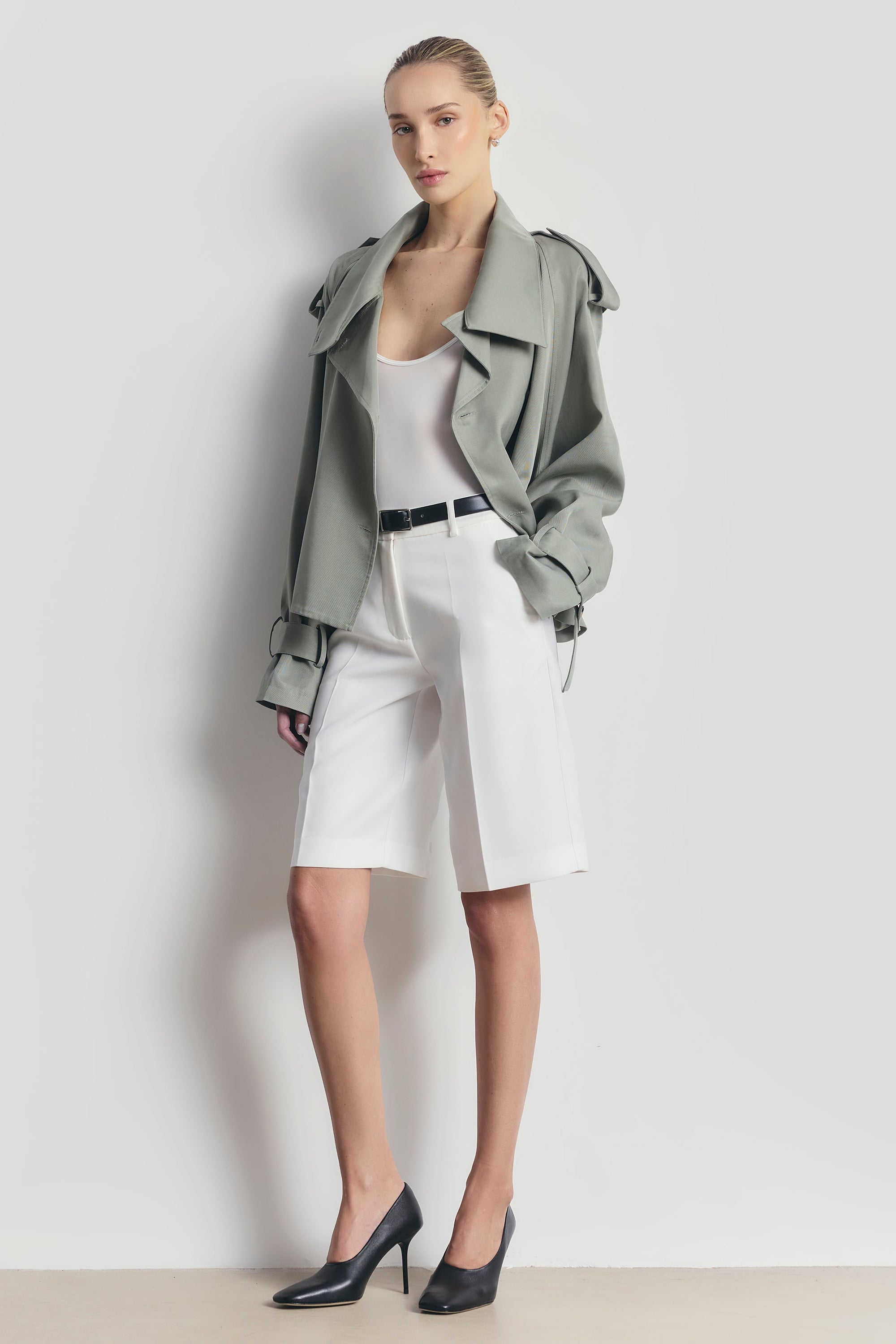 Cropped Funnel Neck Trench - Antique Sage