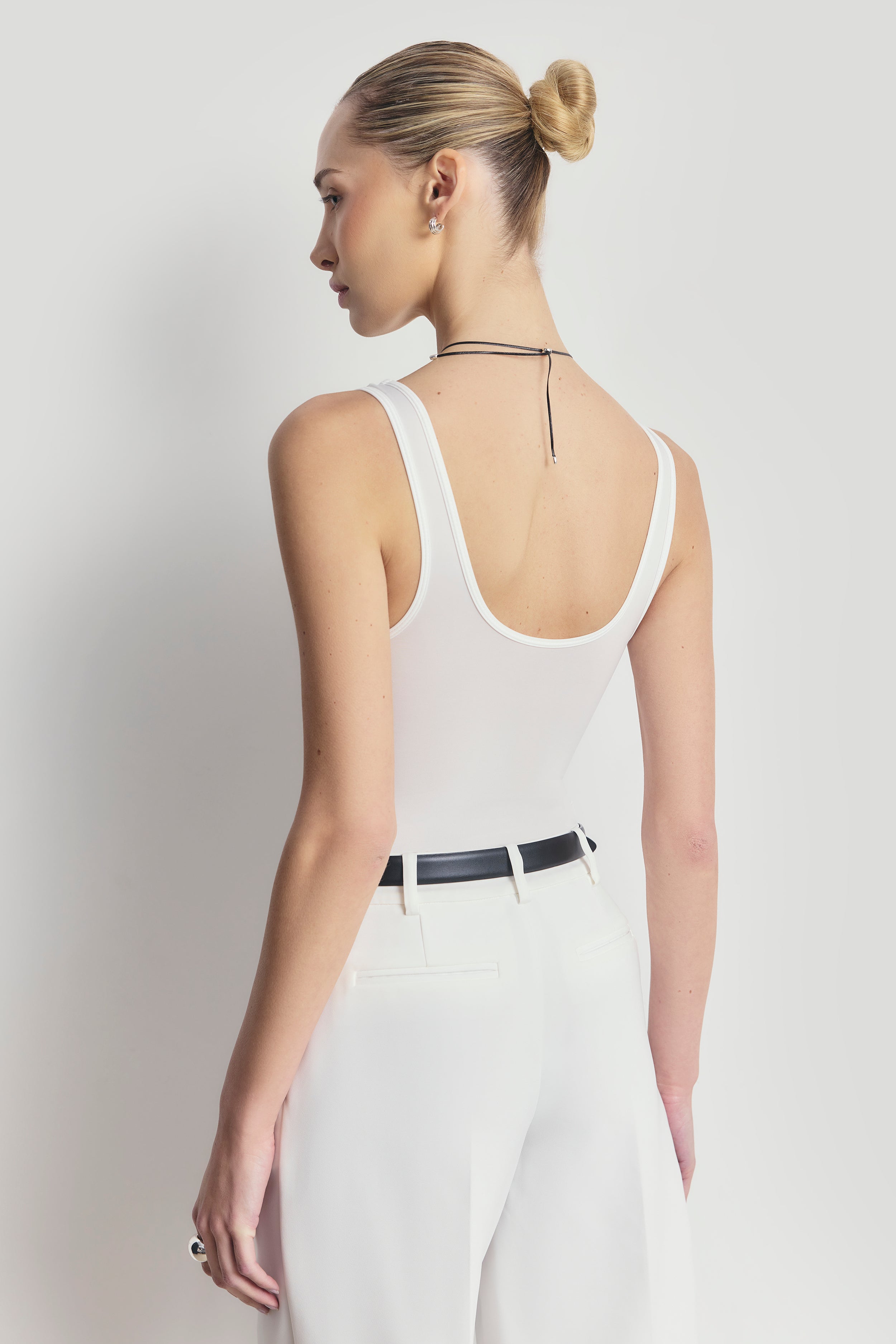 Semi Sheer Scoop Neck Bodysuit - White