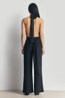 Cupro Backless Belted Halterneck Top - Black