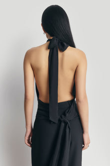 Cupro Backless Belted Halterneck Top - Black