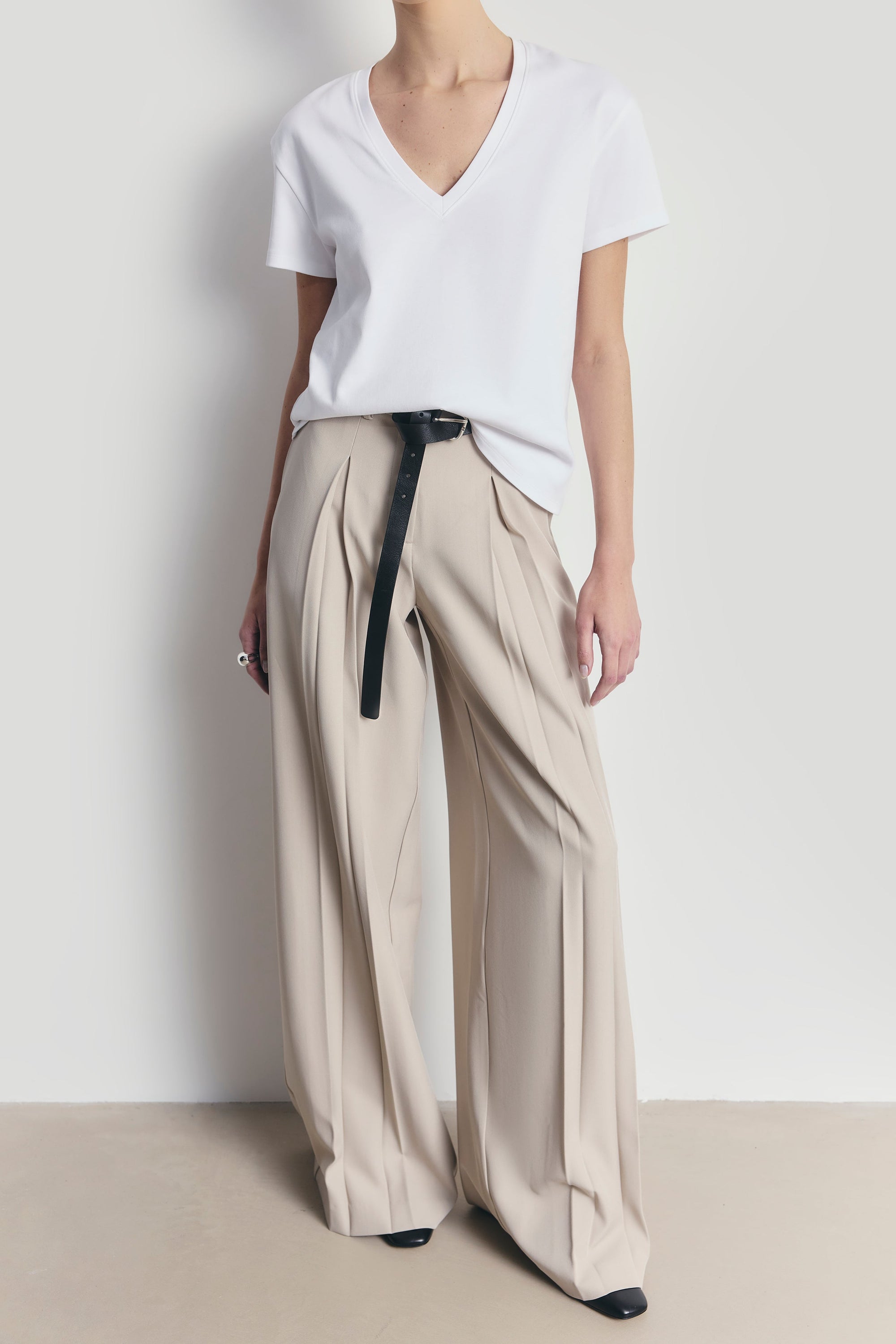 Box Pleat Tailored Wide Leg Trousers - Stone