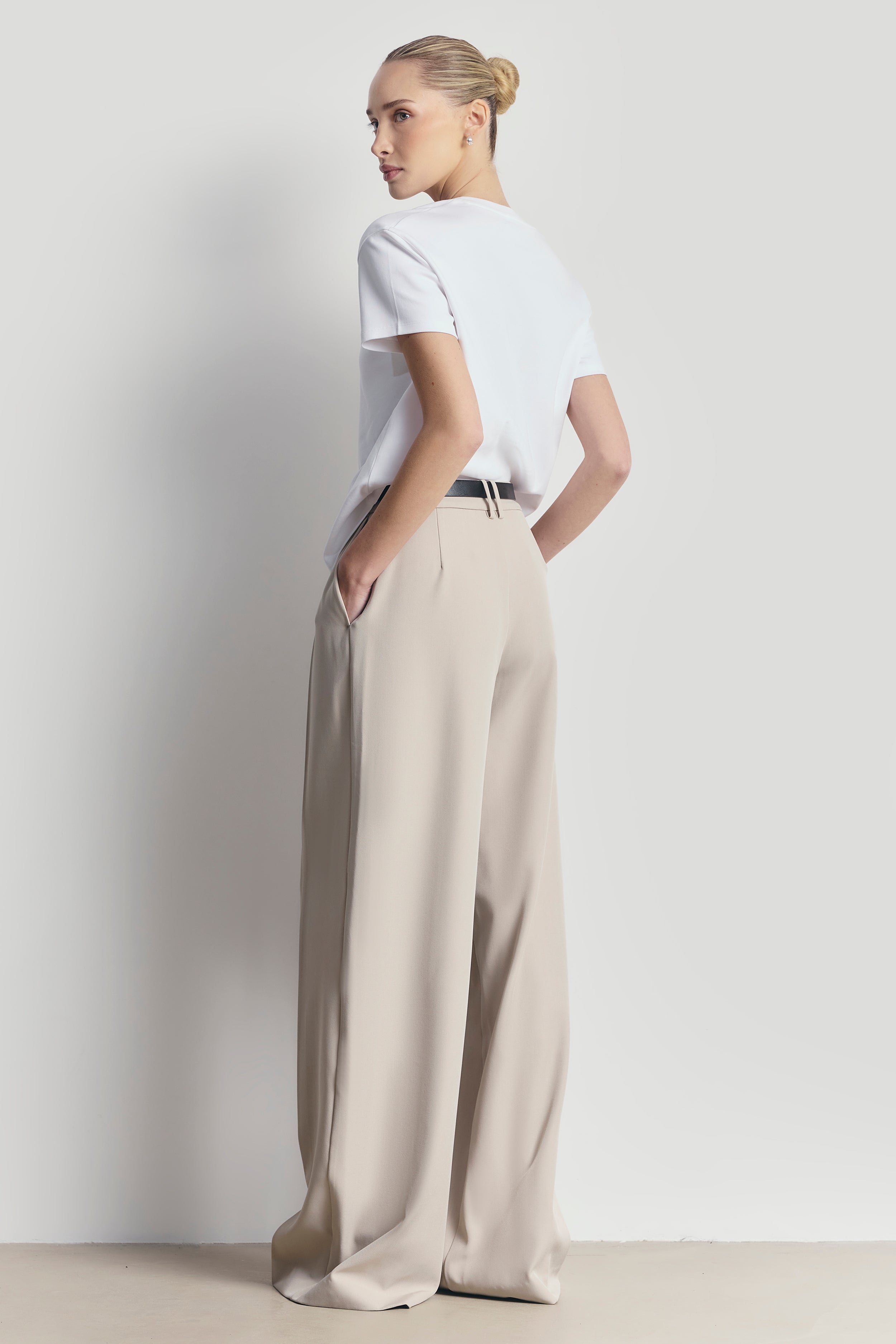 Box Pleat Tailored Wide Leg Trousers - Stone