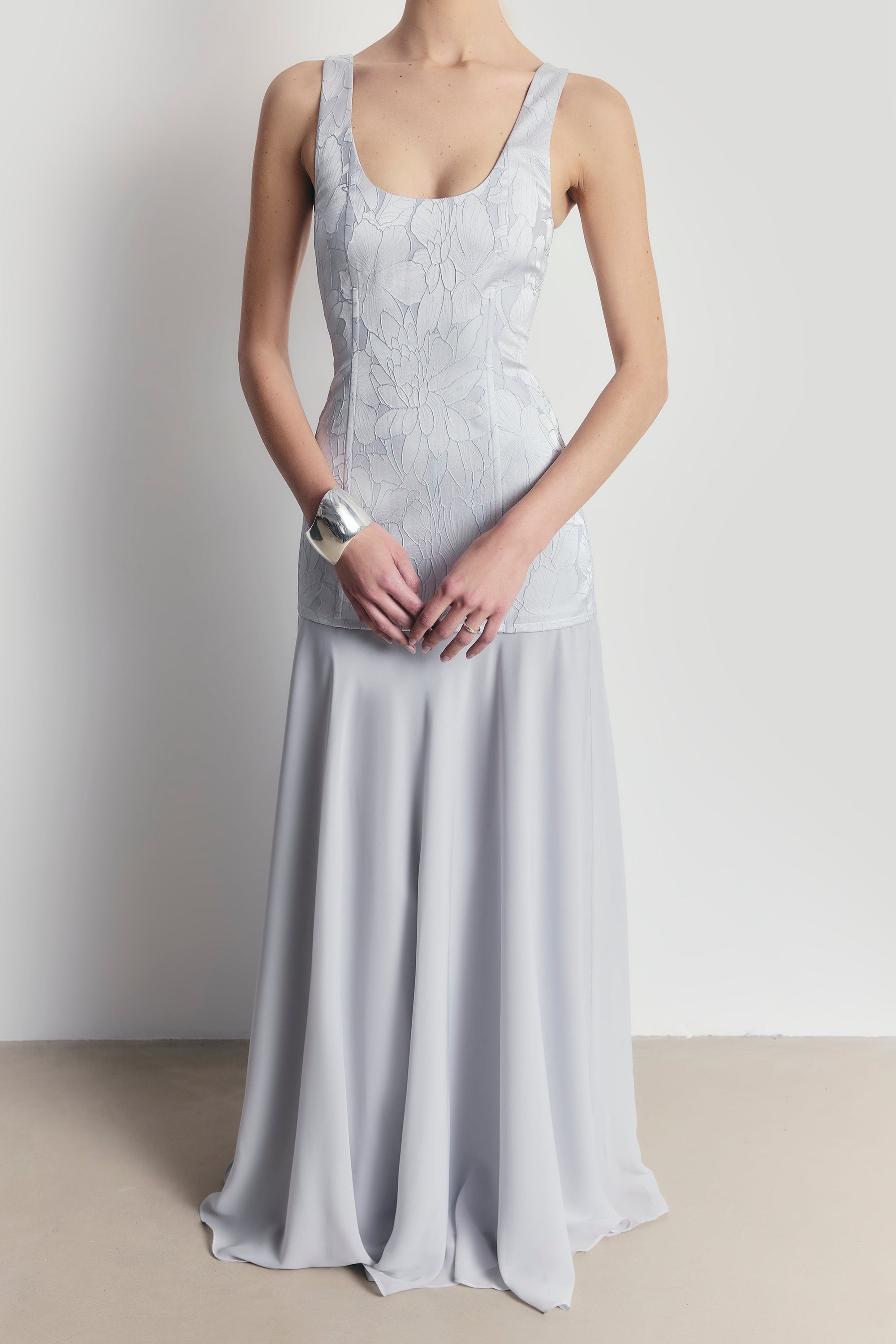 Jacquard Corset Gown with Chiffon Skirt - Frost