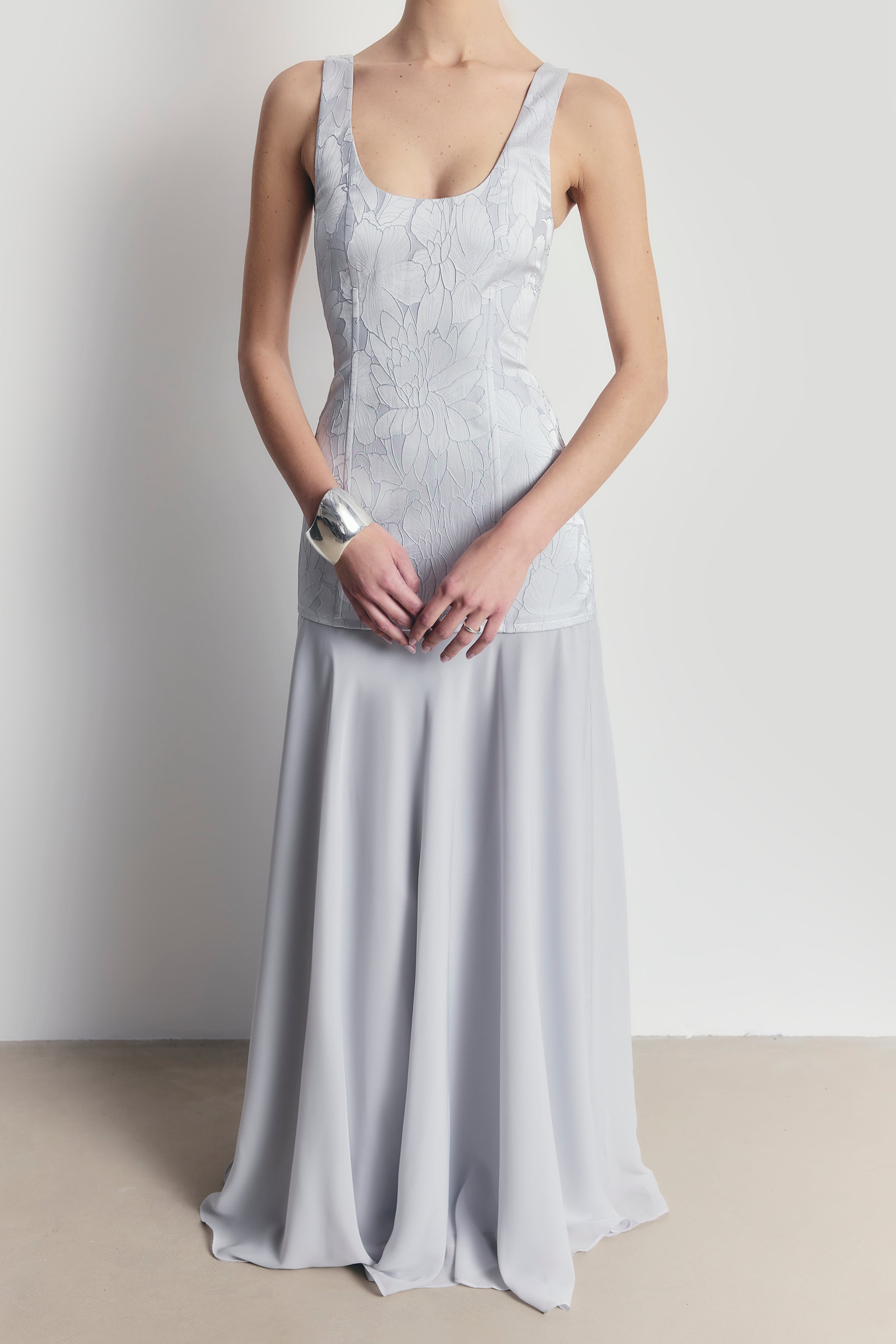 Jacquard Corset Gown with Chiffon Skirt - Frost