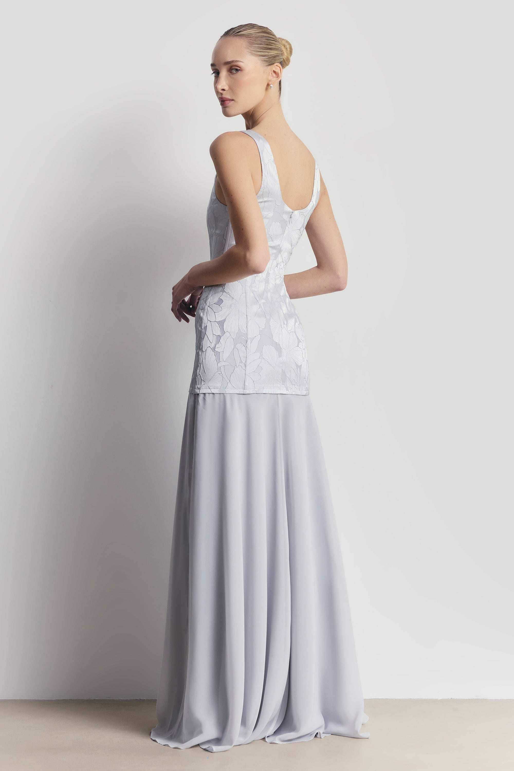 Jacquard Corset Gown with Chiffon Skirt - Frost