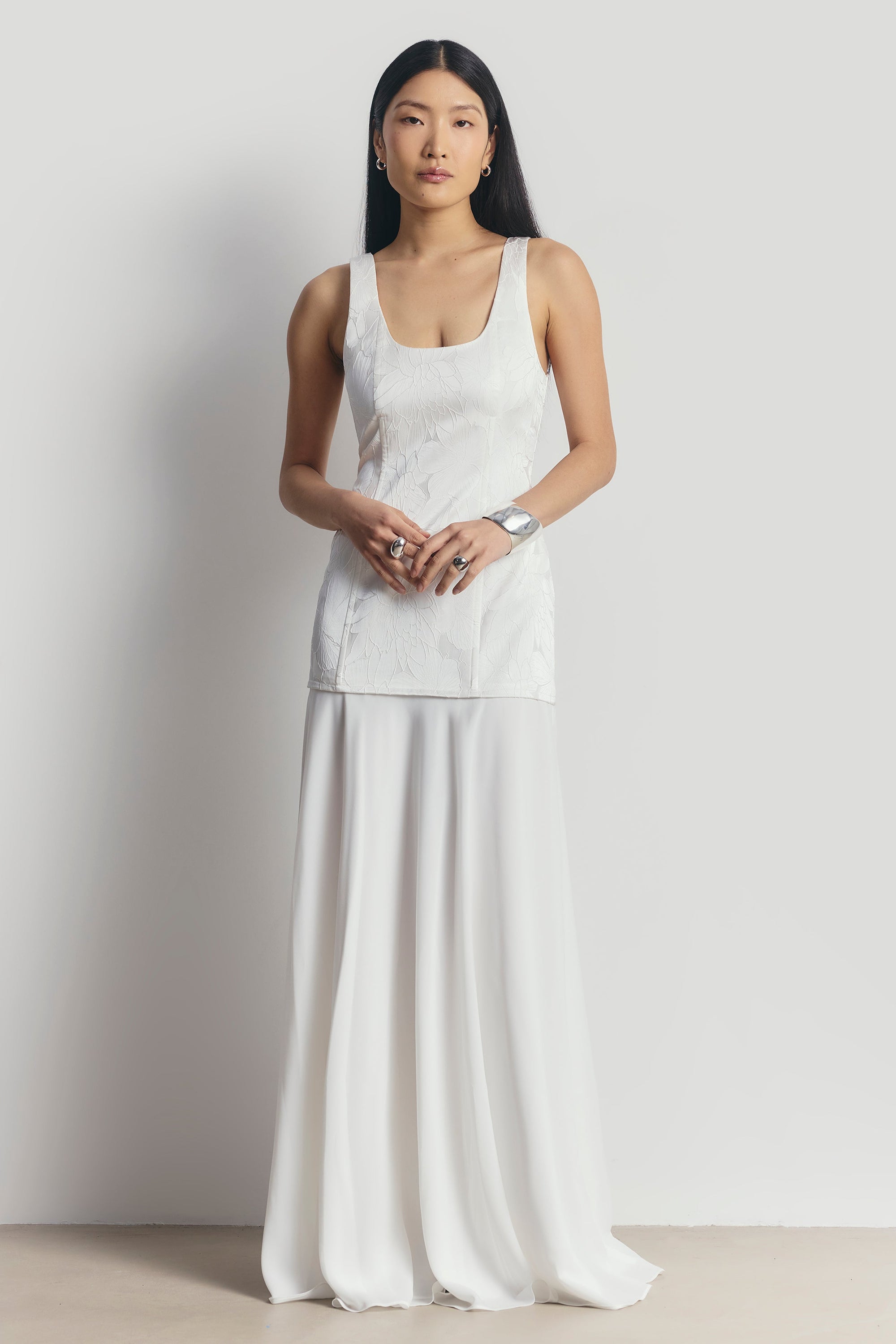 Jacquard Corset Gown with Chiffon Skirt - White