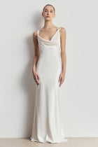 High Gloss Satin Cowl Neck Gown - Cream